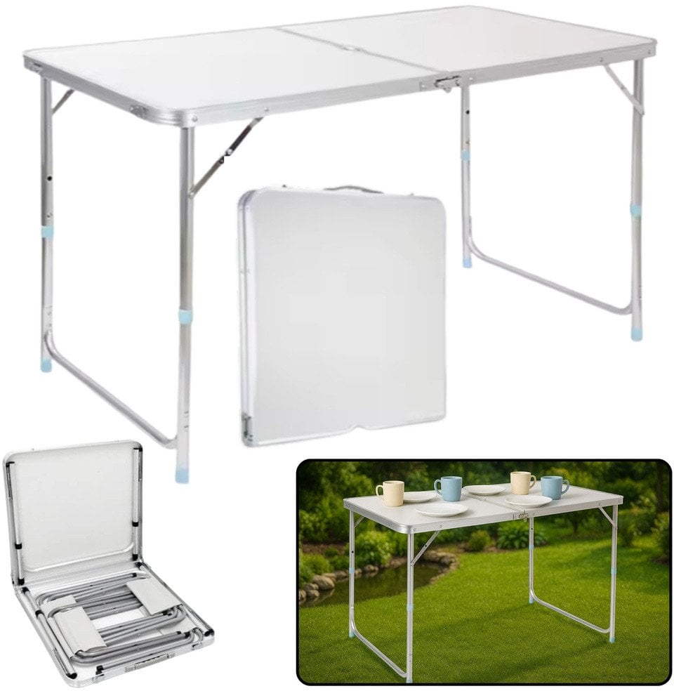 Stół Turystyczny Kempingowy Składany Regulowany Aluminiowy Biały 120x60cm