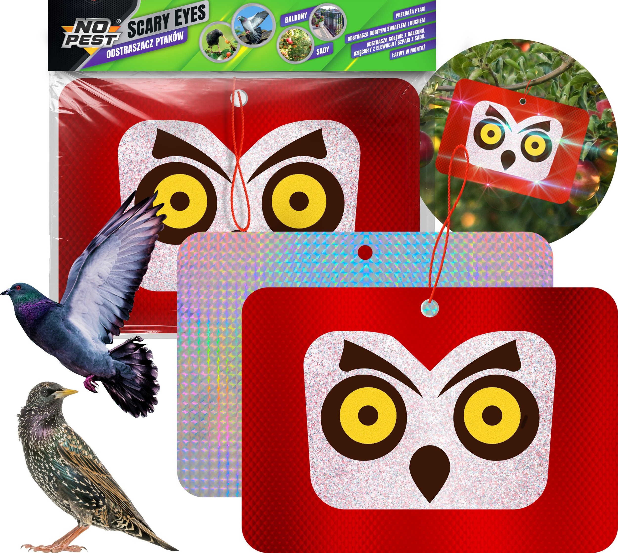 Odstraszacz Ptaków Szpaków Kosów Gołębi Dzięciołów Hologramowe Odblaskowe Oczy "Scary Eyes"