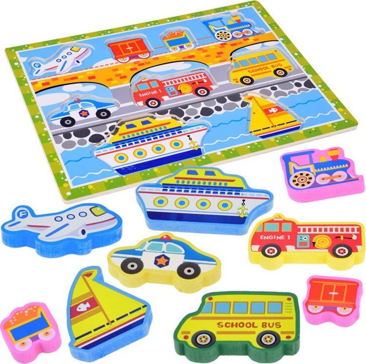 Jokomisiada Drewniana układanka puzzle transport pojazdy 9ele dopasuj kształty ZA5257