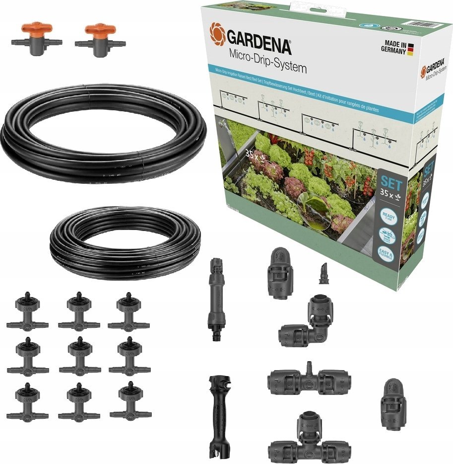 Gardena GARDENA Micro-Drip System Drip Irrigation Set Raised Bed/Bed, 35 Plants, Dripper (Black/Grey, Model 2023)