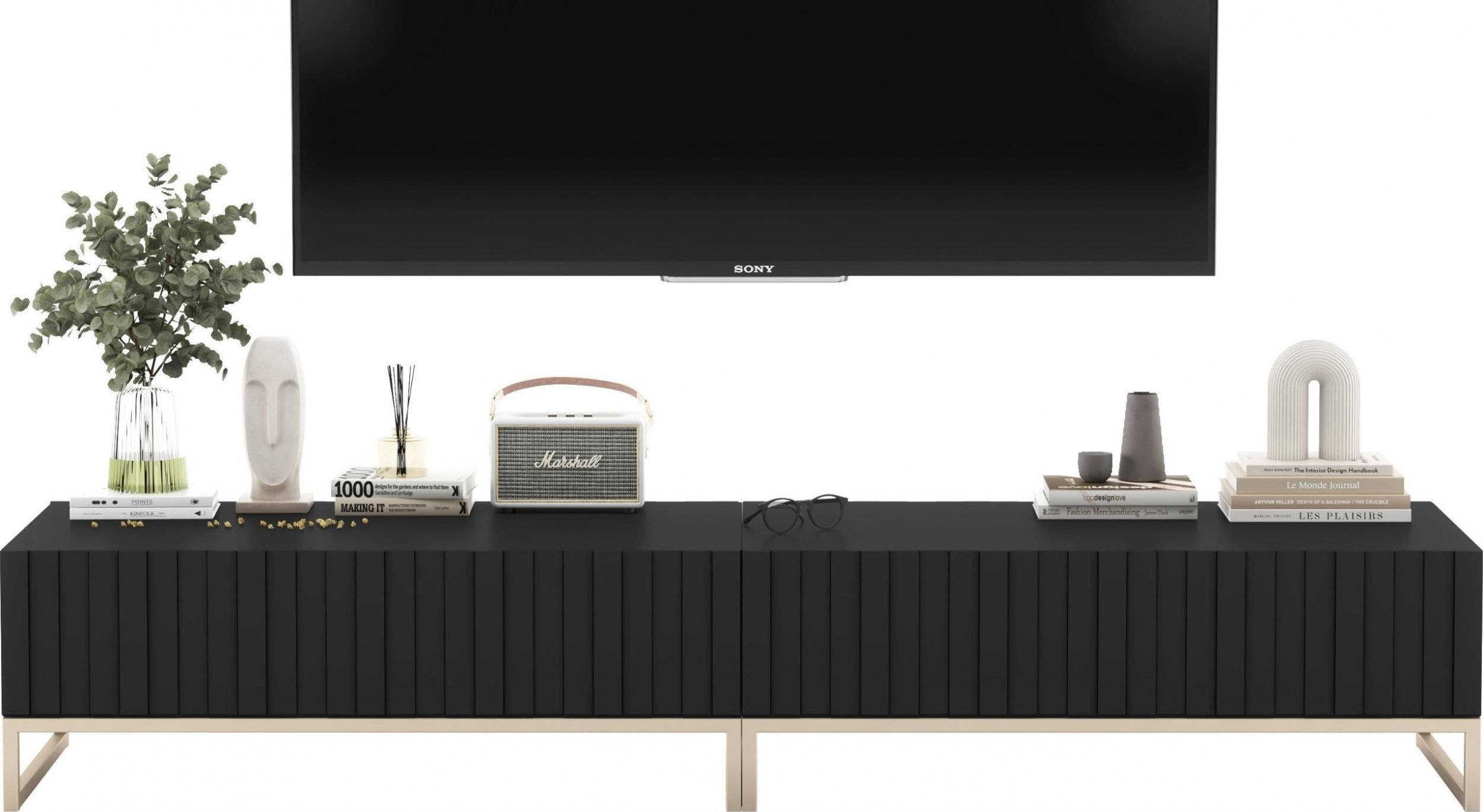 Meble Lindner Szafka RTV Glamour Komoda RTV Meble Lindner Stolik Czarny Mat Ryflowane Fronty 220 cm