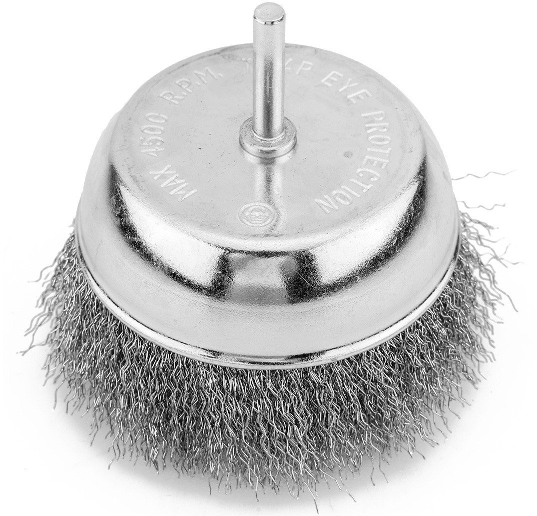 Szczotka druciana doczołowa 100 mm, drut karbowany, stalowy, z trzpieniem 6 mm