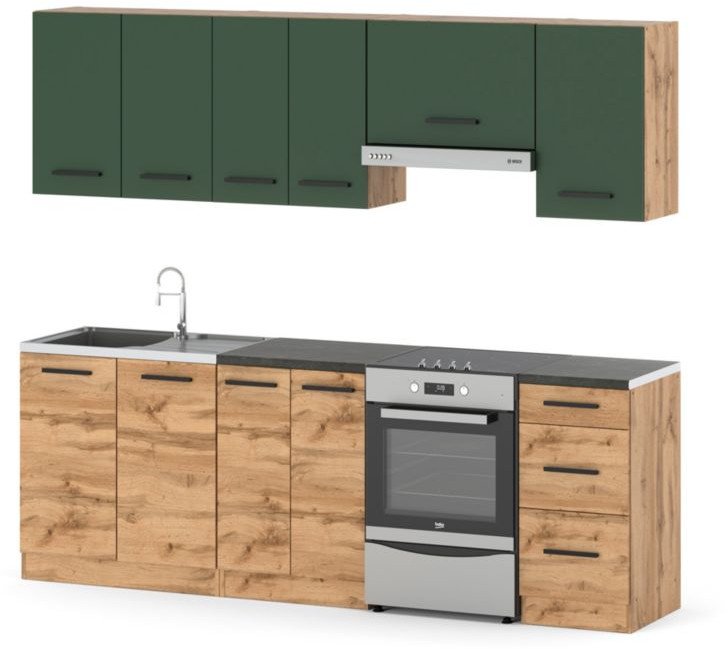 Meble Kuchenne Zestaw Kuchnia Mokka 2.4m Nowoczesny Butelkowa Zieleń Wotan
