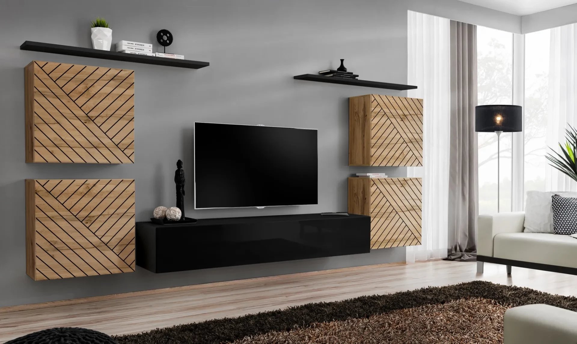 Meblościanka SWITCH LAMEL IV dąb wotan/czarna ASM Meble