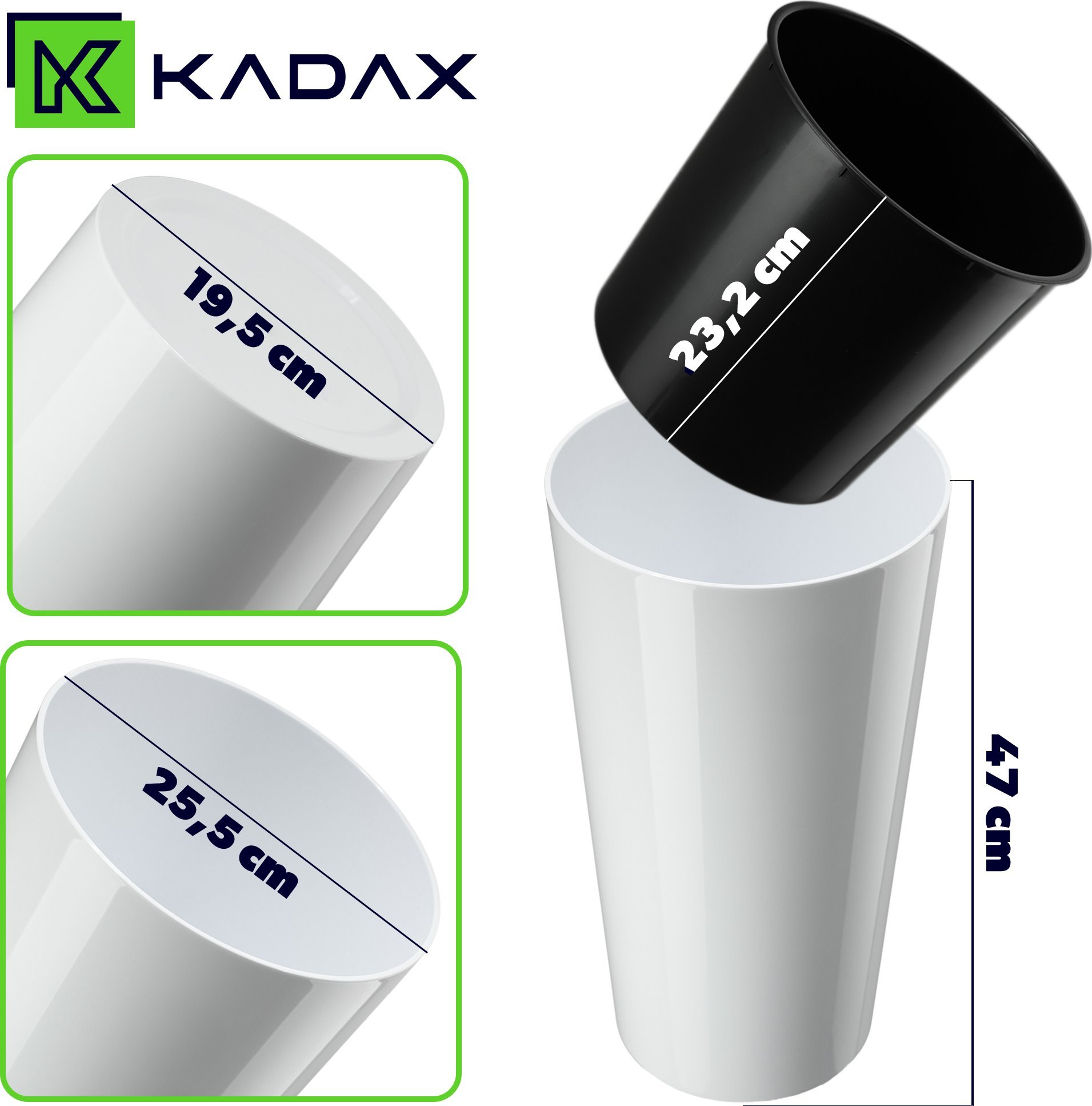 KADAX Doniczka Donica Na Kwiaty 47cm Osłonka Z Wkładem Kwietnik Plastikowa Biała