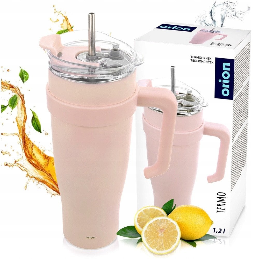 STALOWY KUBEK TERMICZNY TERMOS 1200ml Z RĄCZKĄ I SŁOMKĄ ORION 112283 RÓŻOWY