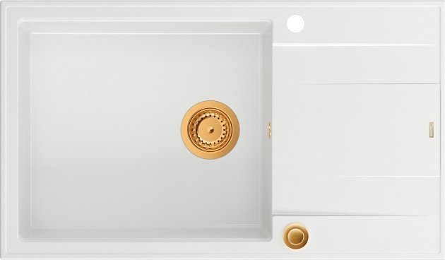 Zlewozmywak GraniteQ EVAN 136 XL GraniteQ zlewozmywak z syfonem Push to Open 1-komorowy z/o (860x500x210; kom. 420x490) snow white / elementy miedzian