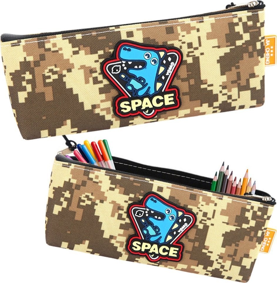 Piórnik Przybornik Kosmiczny Dinozaur Piksele Khaki 20x8cm LEAN