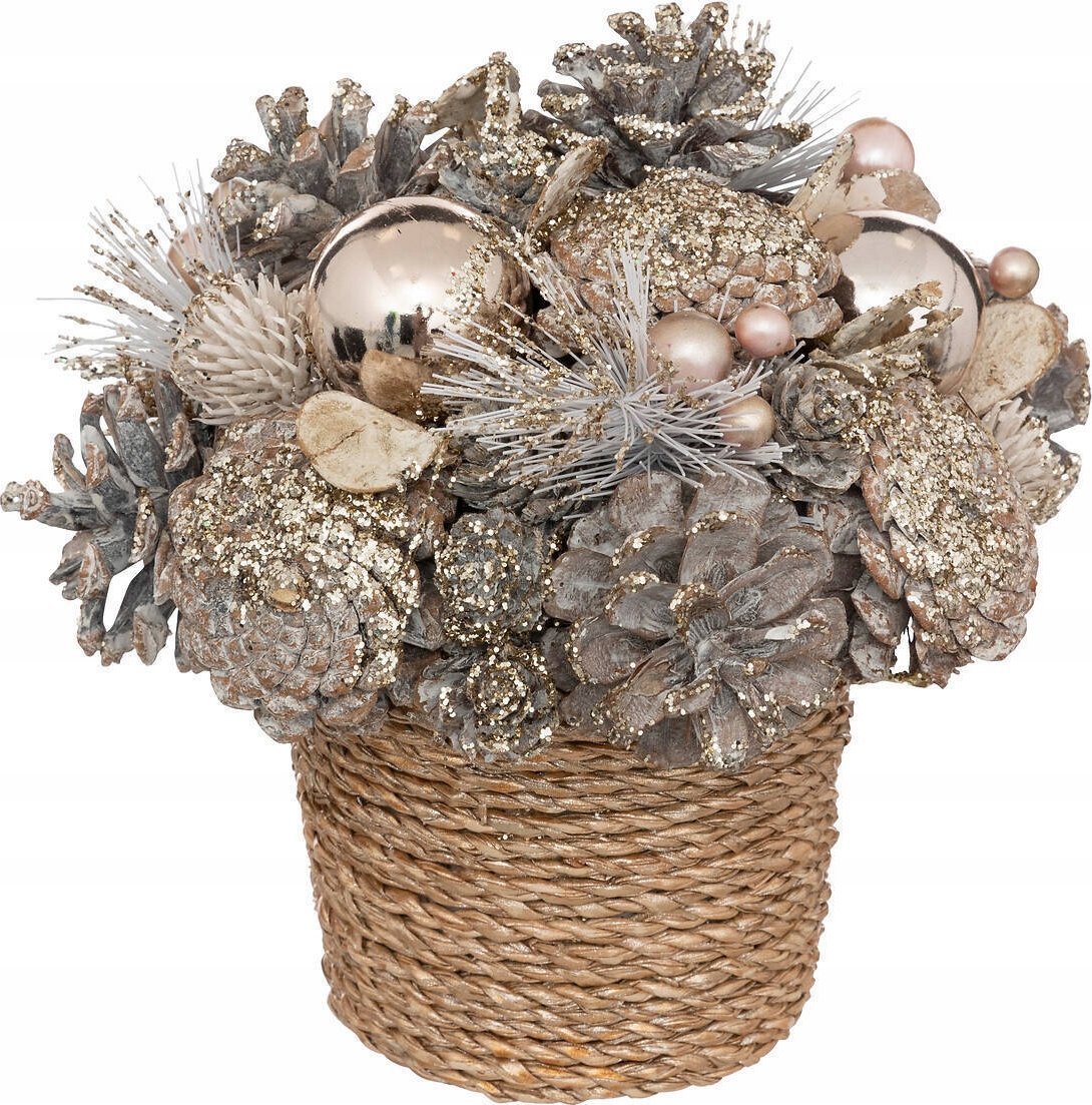 Dekoracja świąteczna Atmosphera Kompozycja z szyszek i bombek w plecionej doniczce, 19 cm