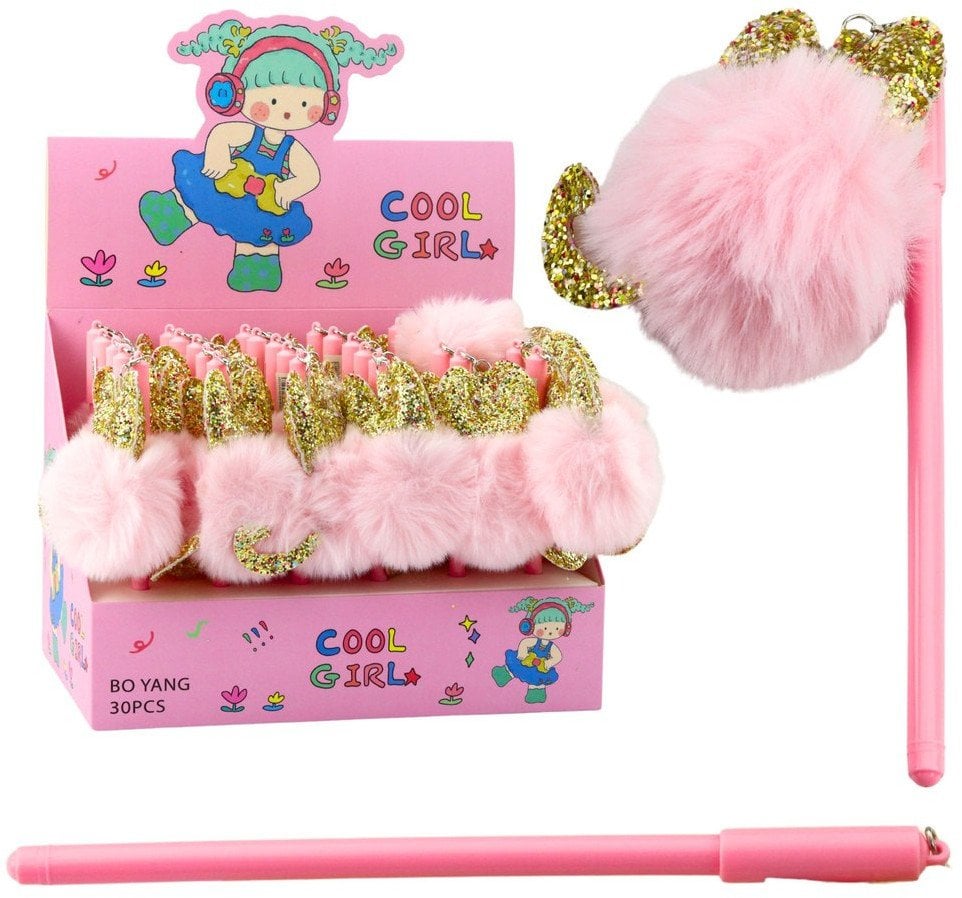 Długopis Żelowy Zatyczka Z Różowym Pomponem Niebieski Tusz 17cm 0.5mm LEAN