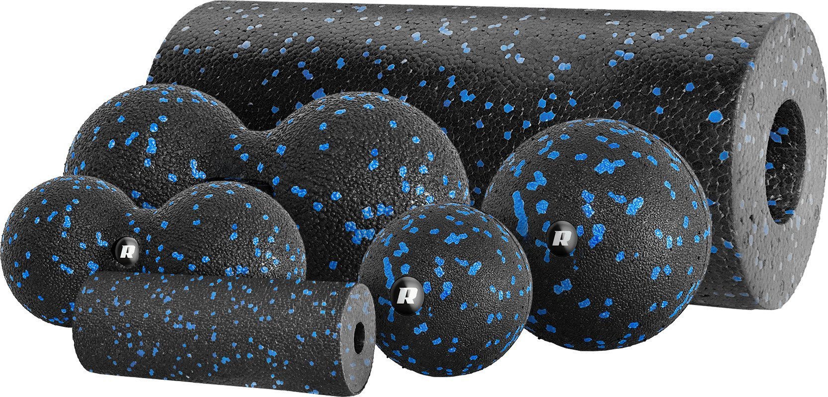 Rebel Zestaw wałek do masażu, mini roller, 2 piłki, 2 duoball-e , 6 elementów, kolor czarno-niebieski, materiał EPP, REBEL ACTIVE