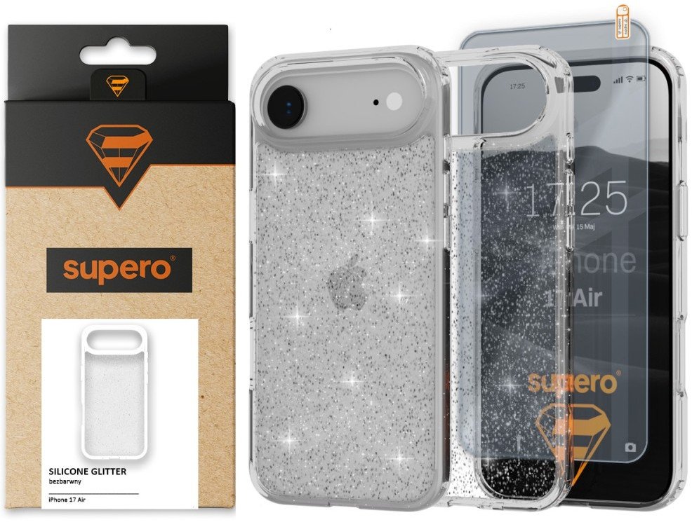 Etui silikonowe brokatowe Supero do iPhone 17 Air, przezroczyste + szkło