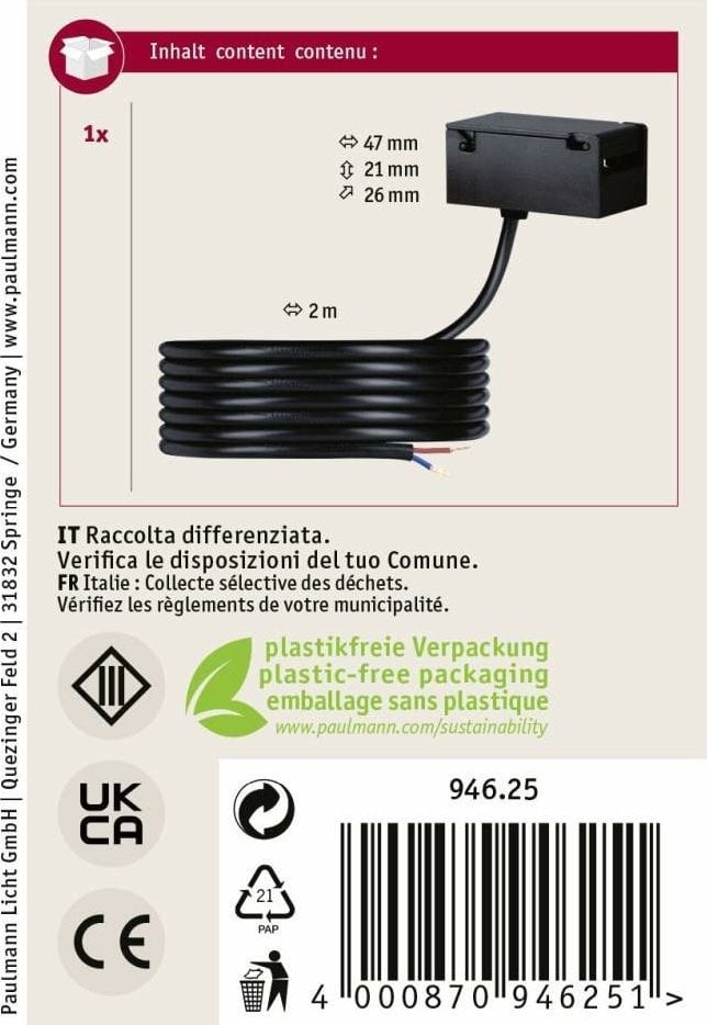 Adapter zasilający systemu ULine z przewodem 200cm IP20 czarny / aluminium