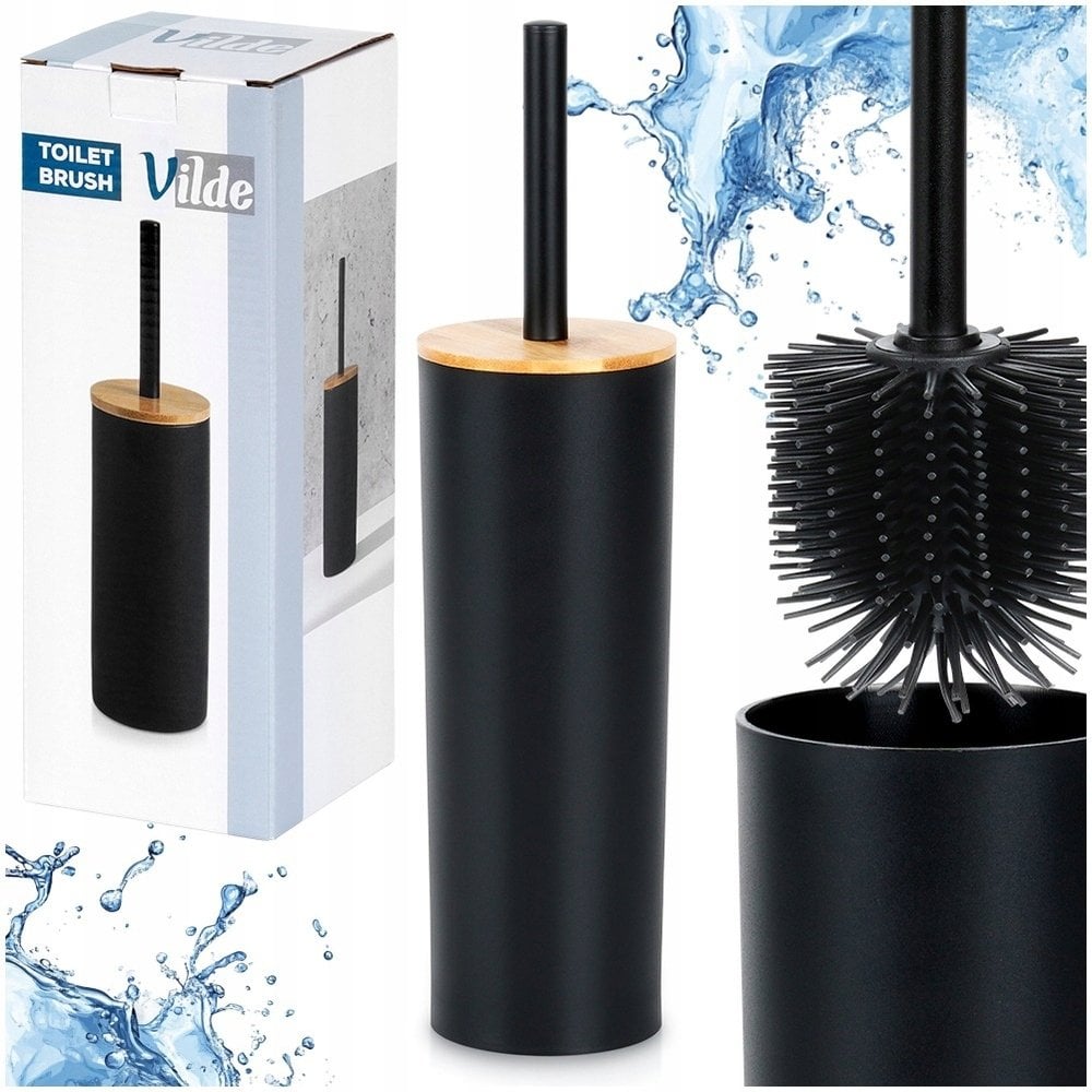 Szczotka Silikonowa WC Ze Stojakiem Czarna Bambusowa Pokrywa 36,5 cm VILDE