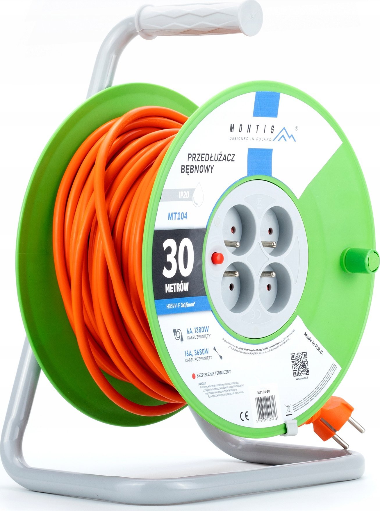 Montis Przedłużacz bębnowy MT104-30 4x2p+Z 16A 3680W 3x1,5 30m Montis pomarańczowy