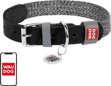 Collar Obroża dla psa z naturalnej skóry i materiału recyklingowego z kodem QR Waudog rozmiar M, szer. 20 mm, czarna