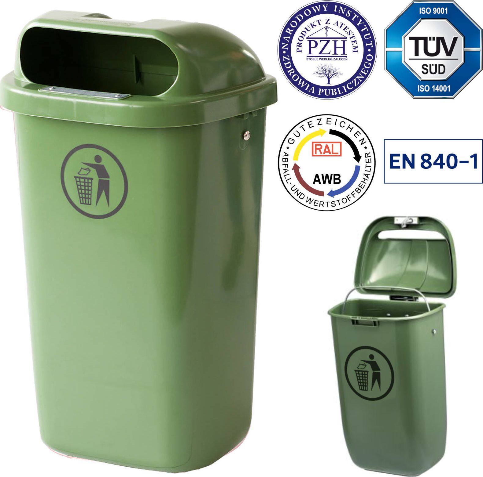 Europlast Kosz uliczny miejski pojemnik na śmieci na słupek lub ścianę DIN 50L - zielony Kosz uliczny miejski pojemnik na śmieci na słupek lub ścianę