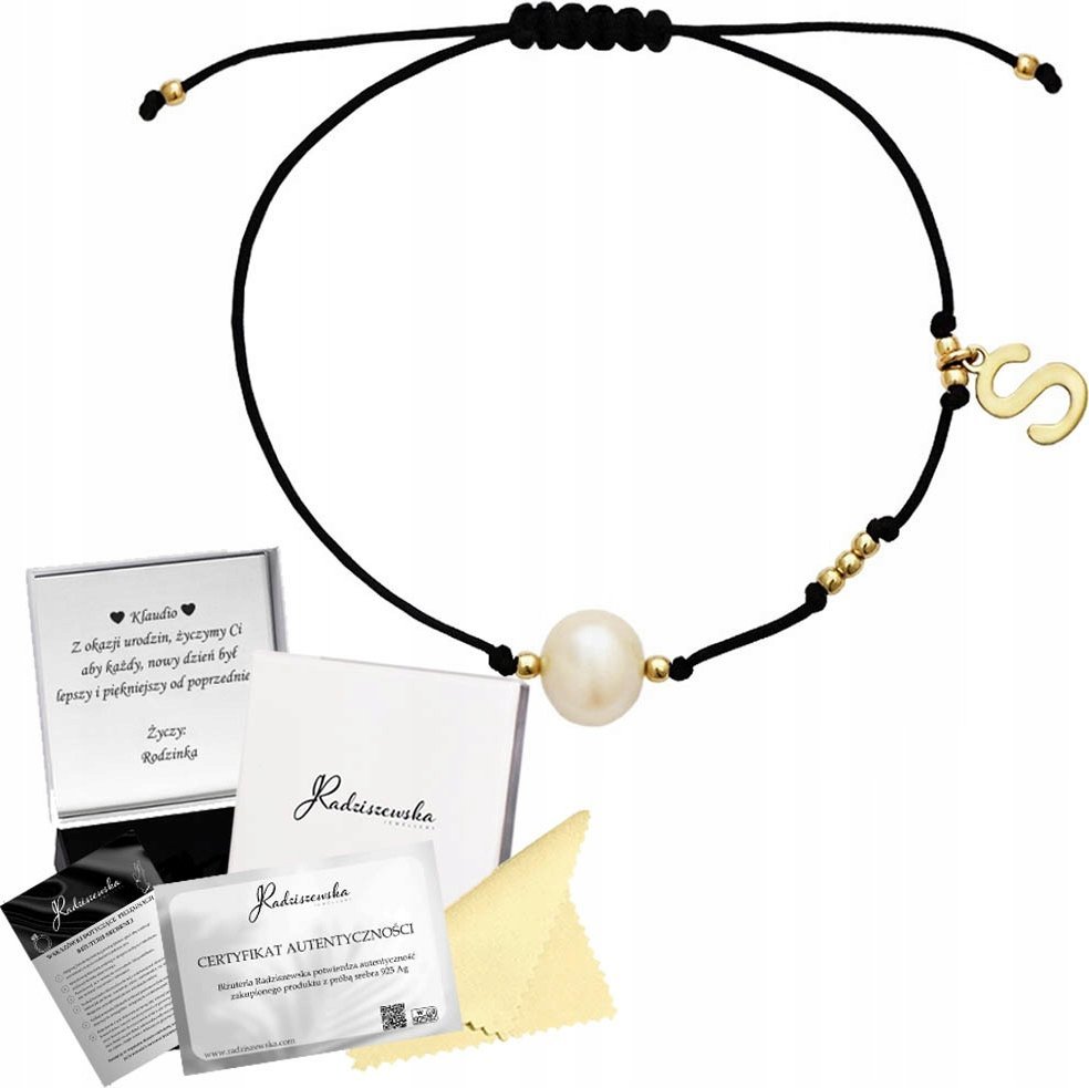 Radziszewska Jewellery BRANSOLETKA ZŁOTA Z PERŁĄ NATURALNĄ LITERKĄ SREBRO 925 SZNUREK PREZENT