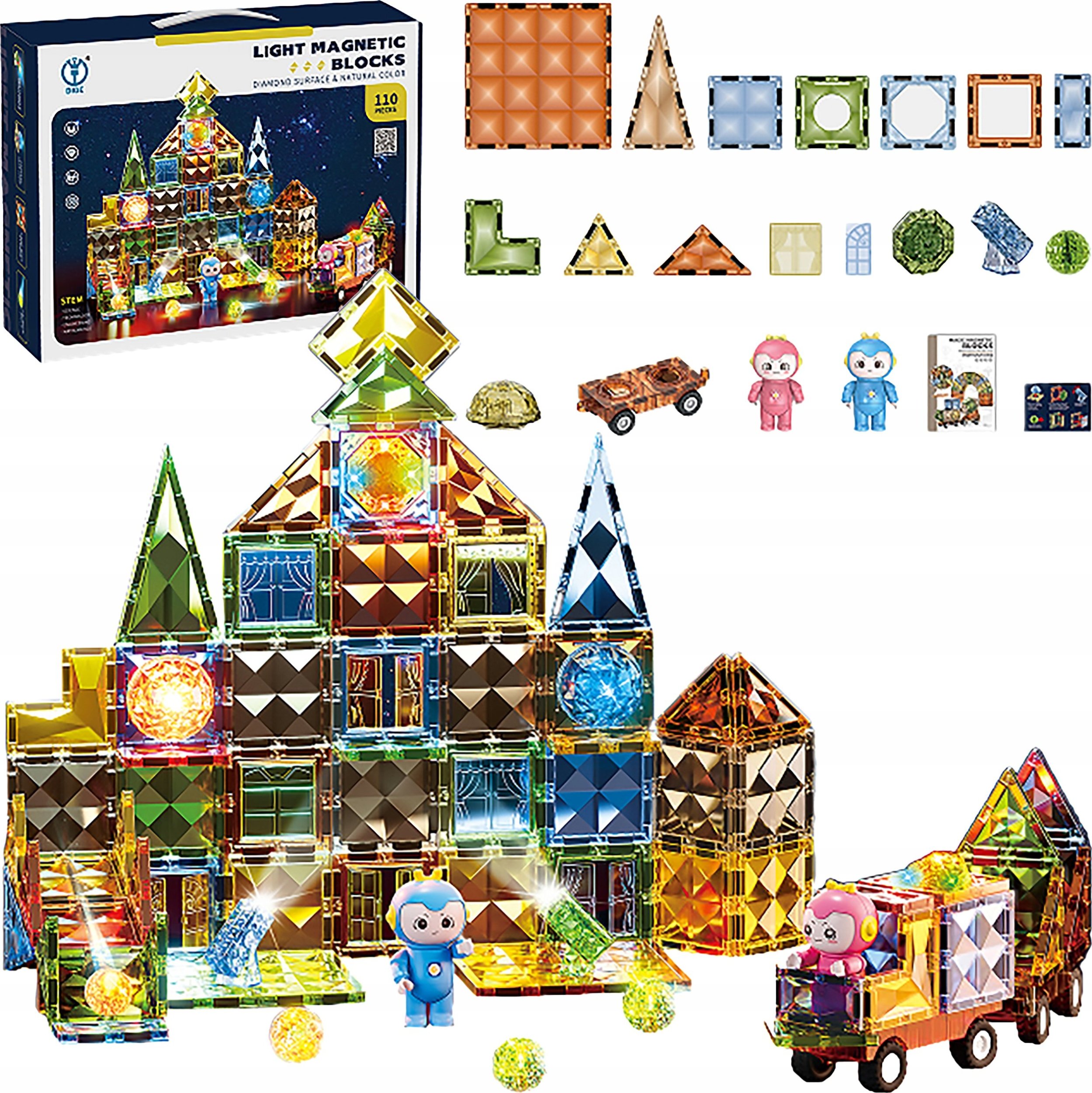 Konstrukcyjne Klocki Magnetyczne Świecące Elementy + Pojazdy 110 El.