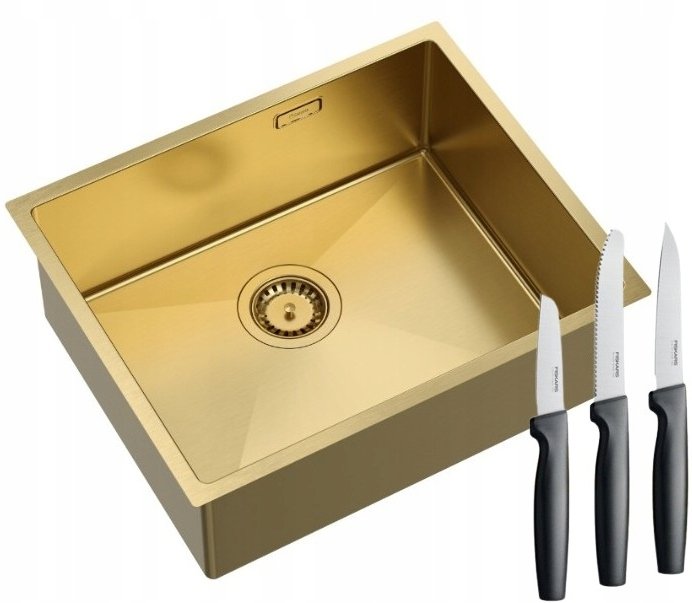 Quadron | ANTHONY 60 | stalowy zlewozmywak kuchenny ZŁOTO PVD | wymiary: 54 x 44 x 19 cm | 1-komorowy podwieszany/wpuszczany | podbudowa szafki: od 60