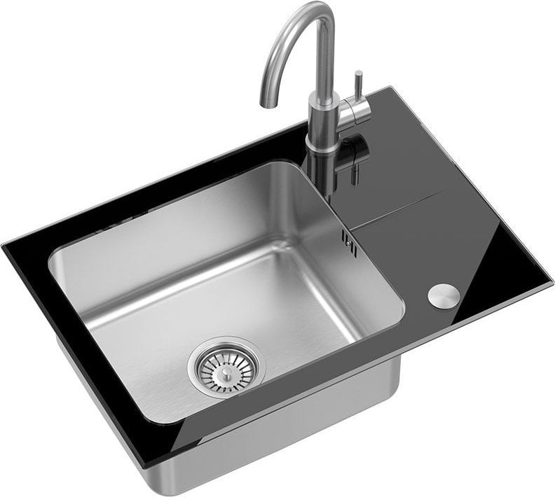 Zlewozmywak Steiner HUGH 116 komora stalowa z czarnym blatem szklanym z syfonem i zaślepką (640x440/R35) + KATE SteelQ stalowa bateria kuchenna stal s