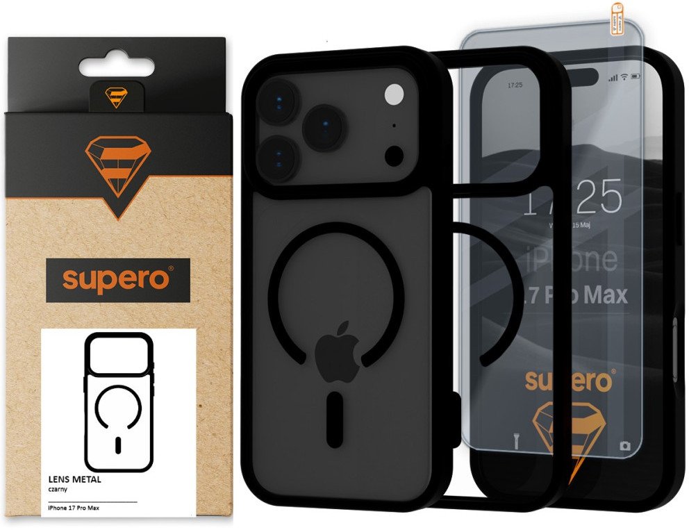 Etui Supero Lens Metal MagSafe do iPhone 17 Pro Max, czarne + szkło