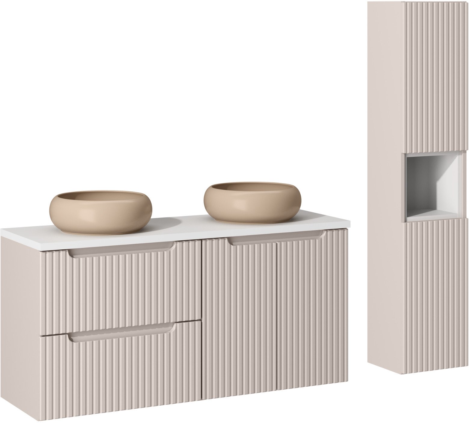 Zestaw meblowy 120cm z blatem, 2 umywalkami nablatowymi Wiki i szafką wysoką