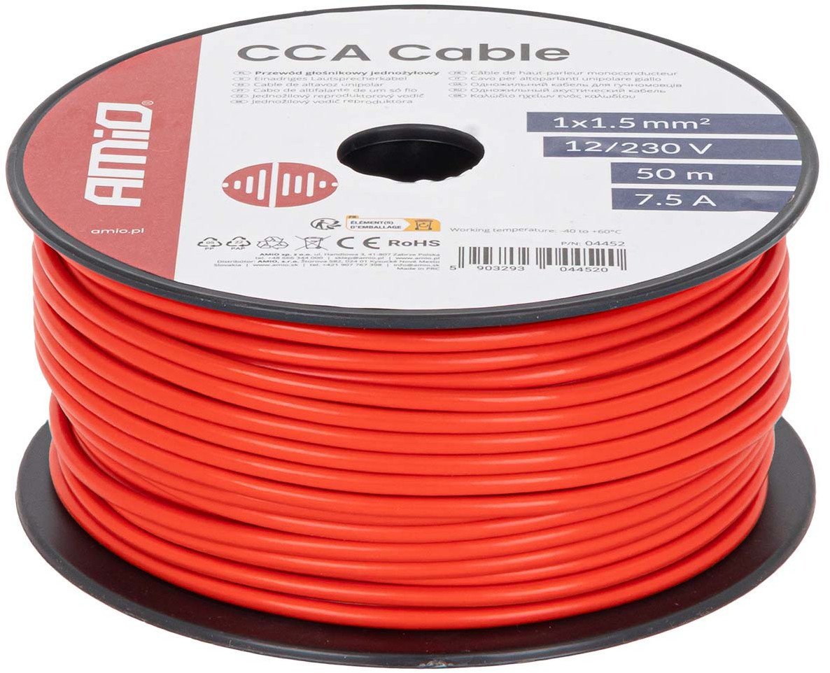 Przewód jednożyłowy czerwony cca 1x1.5mm2 50m 7.5a 12/230v amio-04452