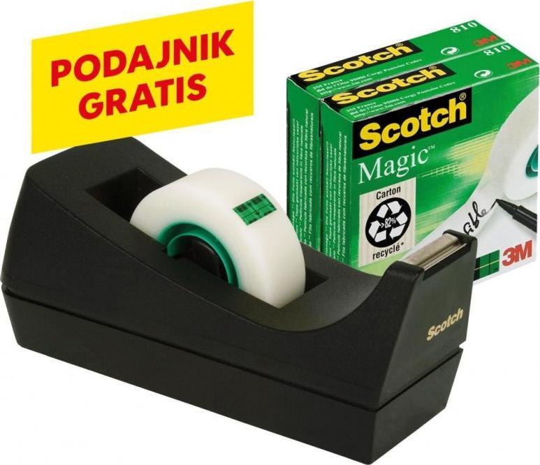 Scotch 3M Taśma biurowa SCOTCH_ Magic_ (SM3-12), matowa, z dyspenserem, 19mm, 33m, 3szt., podajnik C-38 czarny GRATIS