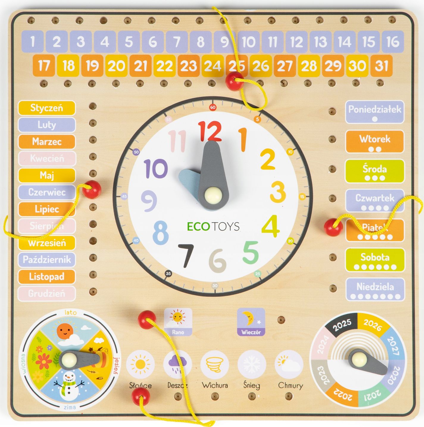 Ecotoys Drewniana Tablica Manipulacyjna Kalendarz Zegar