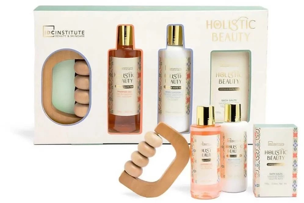 Rinkinys Idc Institute Holistic Beauty Bath & Body moterims: dušo želė, 150 ml + kūno losjonas, 150 ml + vonios druska, 100 g + masažuoklis, 1 vnt.