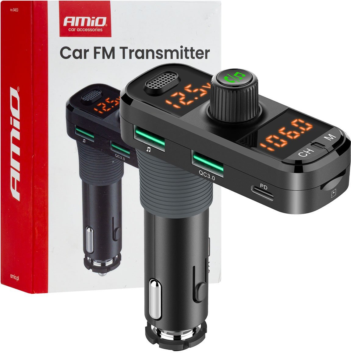 Transmiter samochodowy fm 2×usb-a 1×usb-c mircosd 12v 24v amio-04653