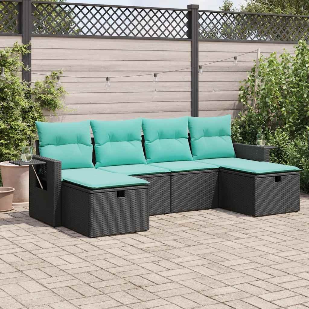 Garden Sofa Set Black, Blue PE Rattan, Powder-Coated Steel, Polyester