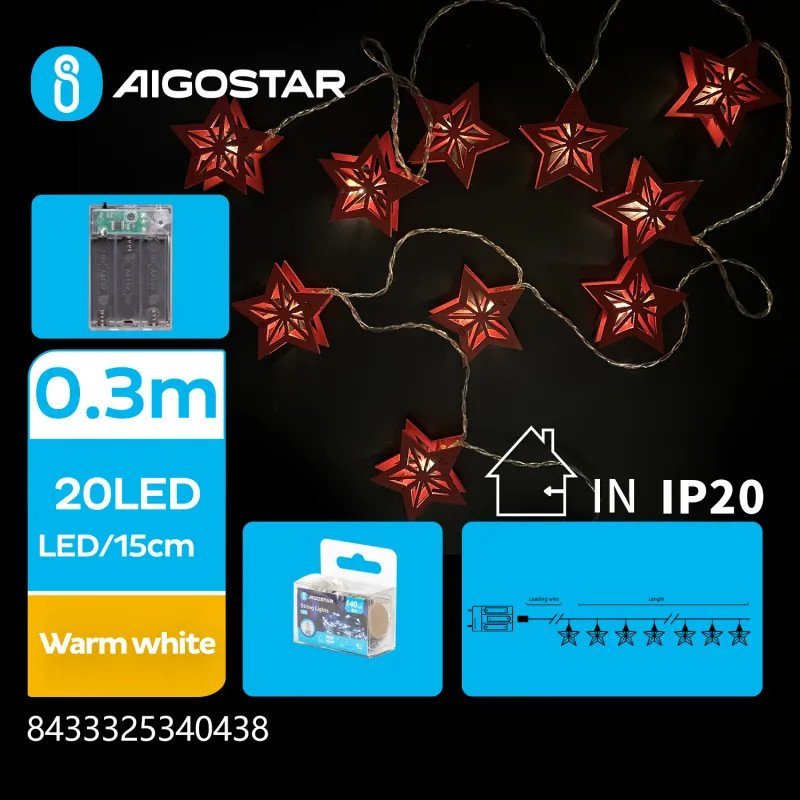 Lampki choinkowe Aigostar Lampki choinkowe 20 led drewniane gwiazdy na 3 baterie AA - ciepłe Lampki choinkowe 20 led drewniane gwiazdy na 3 baterie A