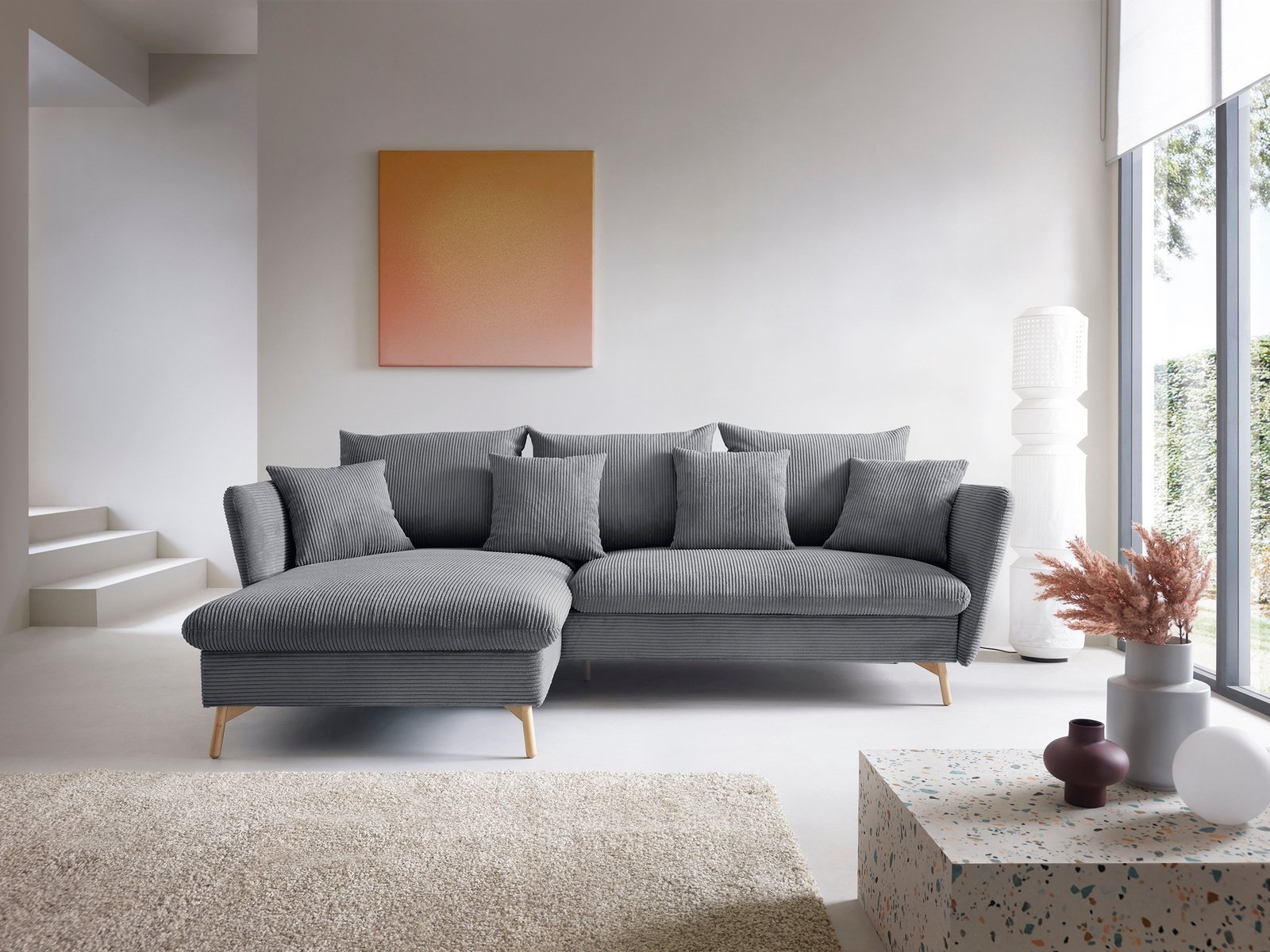 Narożnik MORRE lewostronny sztruks Poso 60 stalowy szary funkcja spania skandynawski