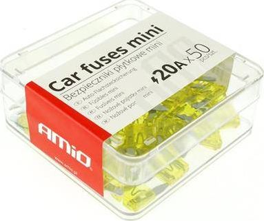 AMiO Bezpieczniki samochodowe płytkowe mini pudełko 50 szt. 20A