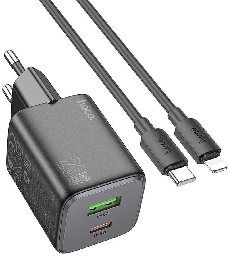 Ładowarka sieciowa do telefonu Hoco USB A + USB C QC PD 3A 20W + kabel USB C do Lightning N41 czarna