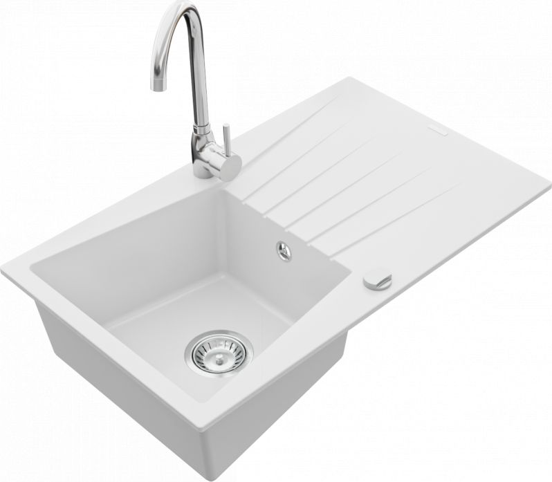 Zlewozmywak Mexen Cesar granitowy 1-komorowy z ociekaczem i baterią kuchenną Telma, biały - 6514-20-670200-00
