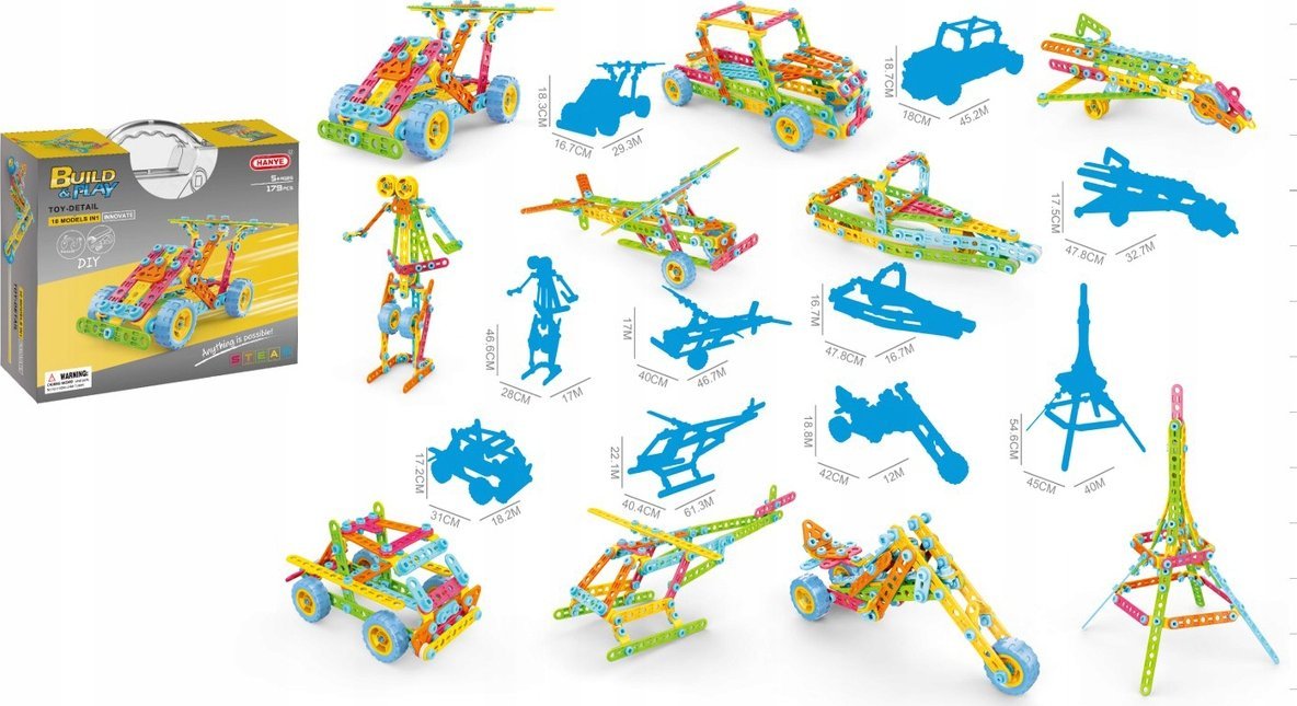 Kolorowe Klocki Konstrukcyjne 179 El. Pojazdy, Wieża, Motocykl, Auto, Odrzutowiec, Samolot Do Rozkręcania I Skręcania 10w1