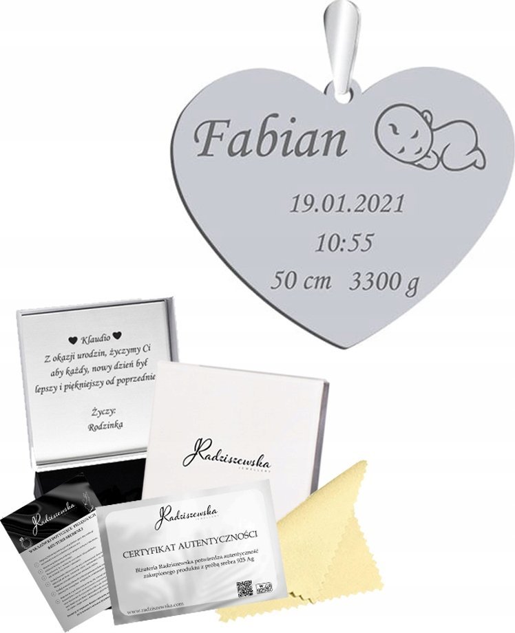 Radziszewska Jewellery Zawieszka Srebrna Serce Imię Dziecka Metryczka Prezent 925 Biżuteria GRAWER