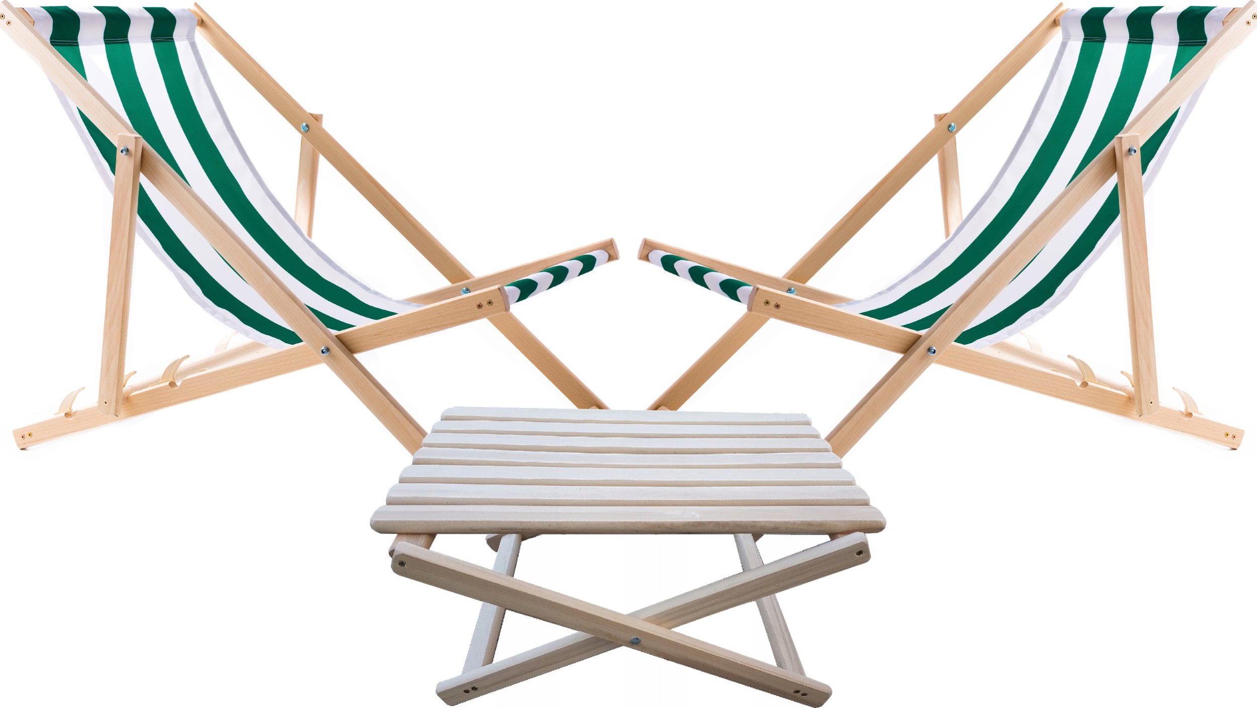 2X LEŻAK PLAŻOWY OGRODOWY DREWNIANY WOODOK w zielone pasy + STOLIK KAWOWY SKŁADANY