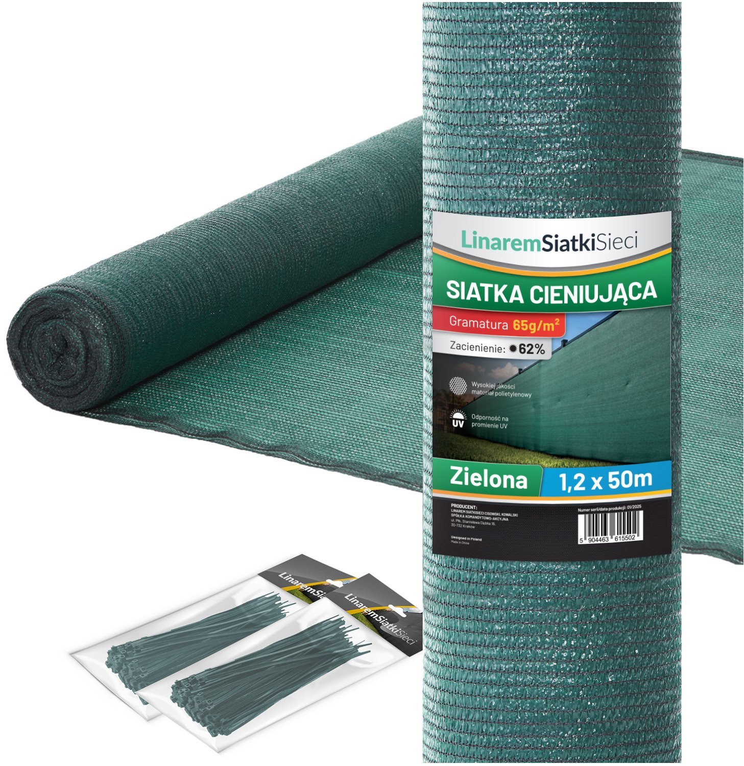 SIATKA CIENIUJĄCA 62% MASKUJĄCA 1,2x50m OSŁONA NA PŁOT OGRODZENIE ZIELONA +UV