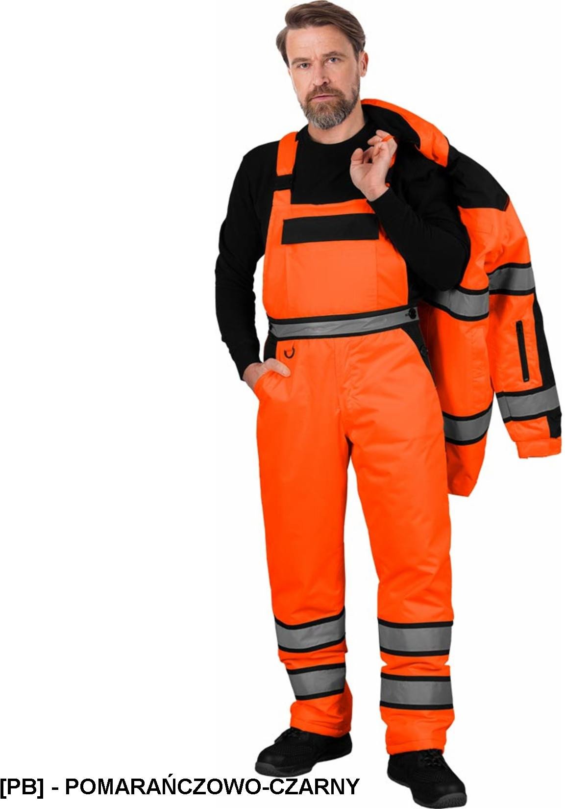 MILLING-B - ocieplane ogrodniczki, fluorescencyjny kolor, pasy odblaskowe, 9 kieszeni, powłoka podszewka wyściółka 100% - pomarańczowo-czarny 2XL