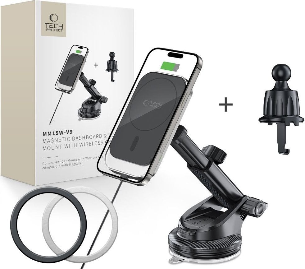 TECH-PROTECT MM15W-V9 MAGNETIC MAGSAFE DASHBOARD & VENT CAR MOUNT WIRELESS CHARGER 15W BLACK