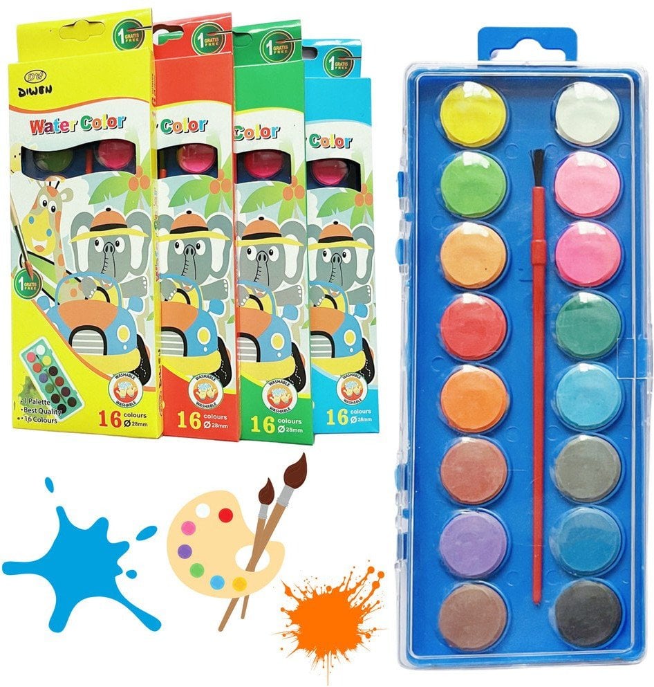 Zestaw Farbki Akwarelowe Szkolne 16 Kolorów Pędzelek