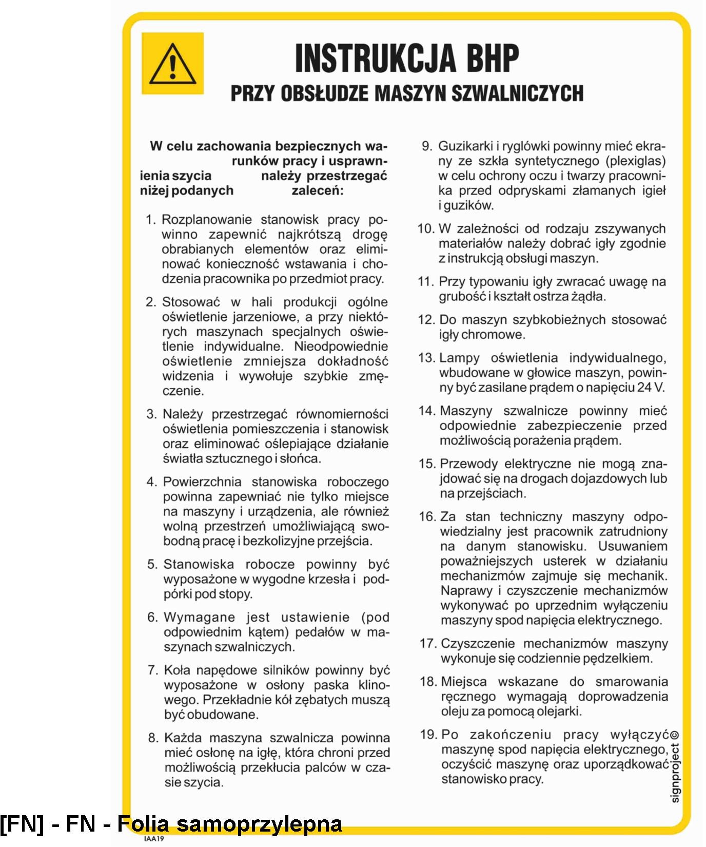 IAA19 - Instrukcja BHP przy obsłudze maszyn szwalniczych