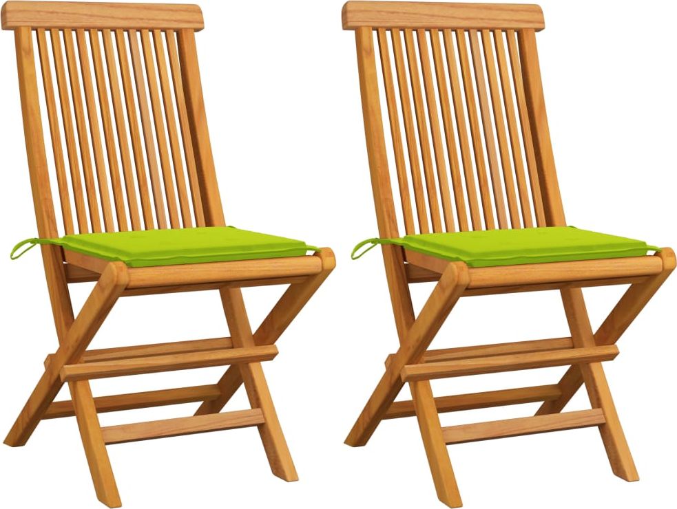 vidaXL Krzesła ogrodowe z jasnozielonymi poduszkami, 2 szt., tekowe (3062471)