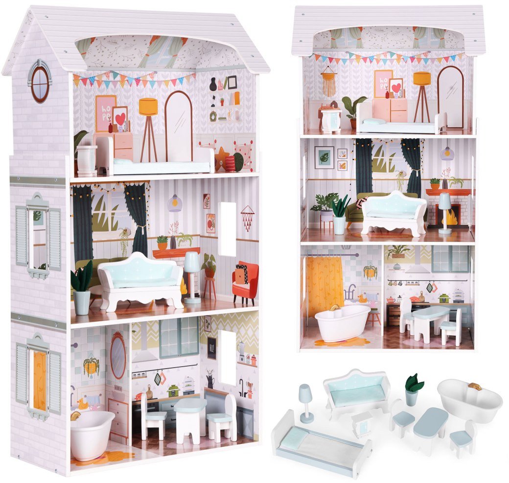 Domek dla lalek Alice 3 piętra 4 pomieszczenia komplet 9 mebelków ECOTOYS
