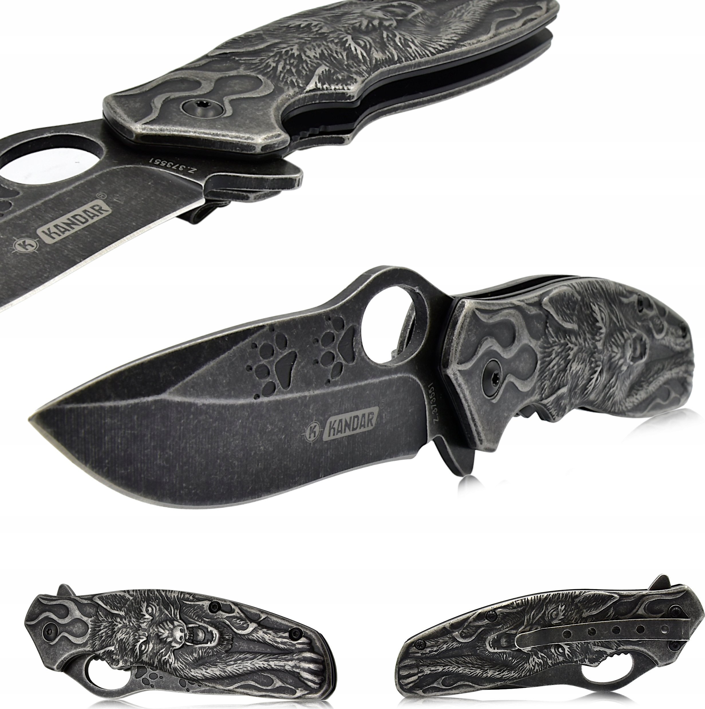 Kandar KANDAR Stalowy Składany Nóż Myśliwski Wilk 3D