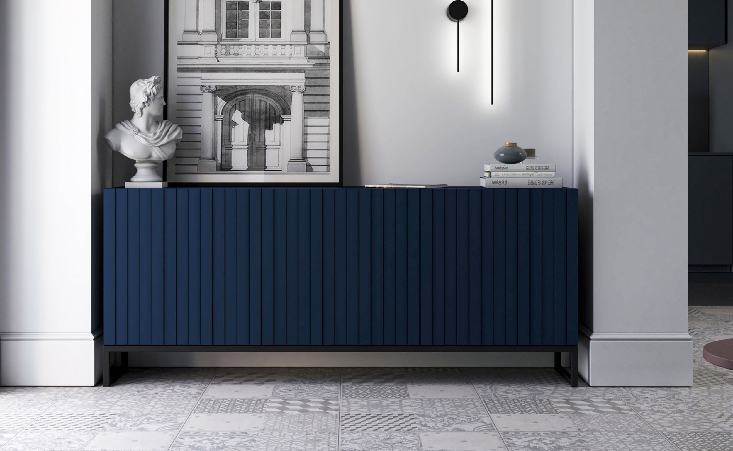 Meble Lindner Nowoczesna Szafka RTV Glamour Granatowy Mat Komoda RTV Loft 168 cm Czarna Rama Loft